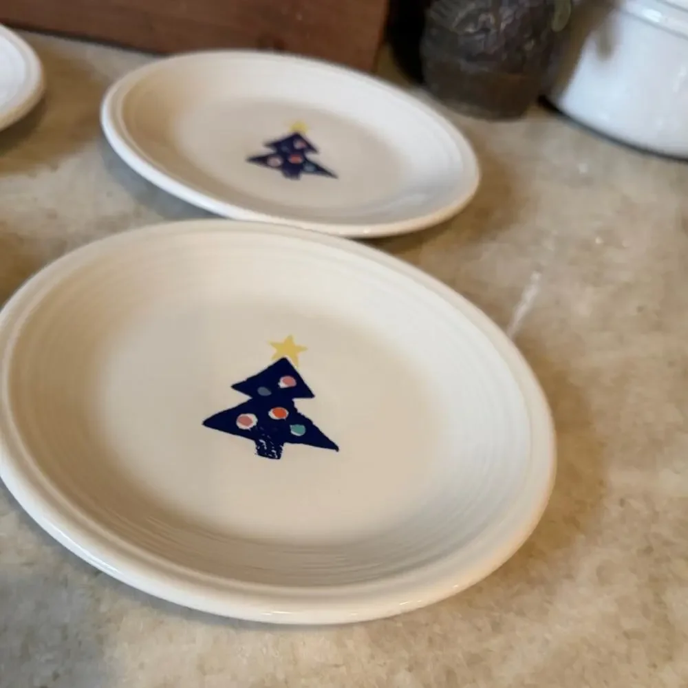 Vintage Fiesta White Plates with Blue Christmas Tree Design 1998- Set of 4